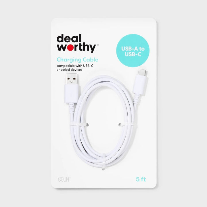 5' USB-a to USB-C Cable - Dealworthy™ White: Male-to-Male Connection, 5ft Length