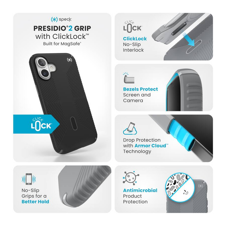 Presidio2 Grip MagSafe with ClickLock Apple iPhone 16 Plus Case - Black/Slate Grey