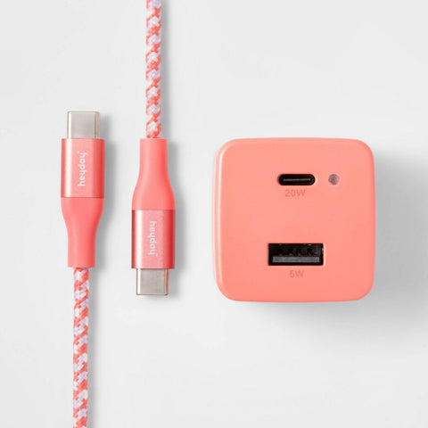 2-Port USB-a USB-C Wall Charger with 6' USB-C to USB-C Braided Cord - Heyday™ Rose: 20W Output, 3A Current