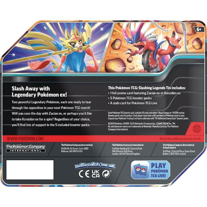 Slashing Legends Tin — Koraidon ex - Back of five-pack tin