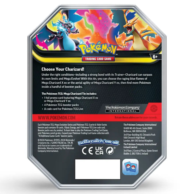 Mega Charizard Y ex Tin - Back of four-pack tin