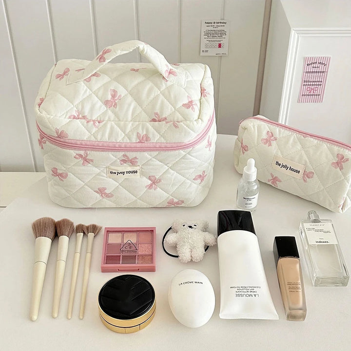 Cute Bow Toiletry Bag with Zipper Makeup Organizer Storage Bag Cotton Quilted Cosmetic Organizer Case for Women and Girls