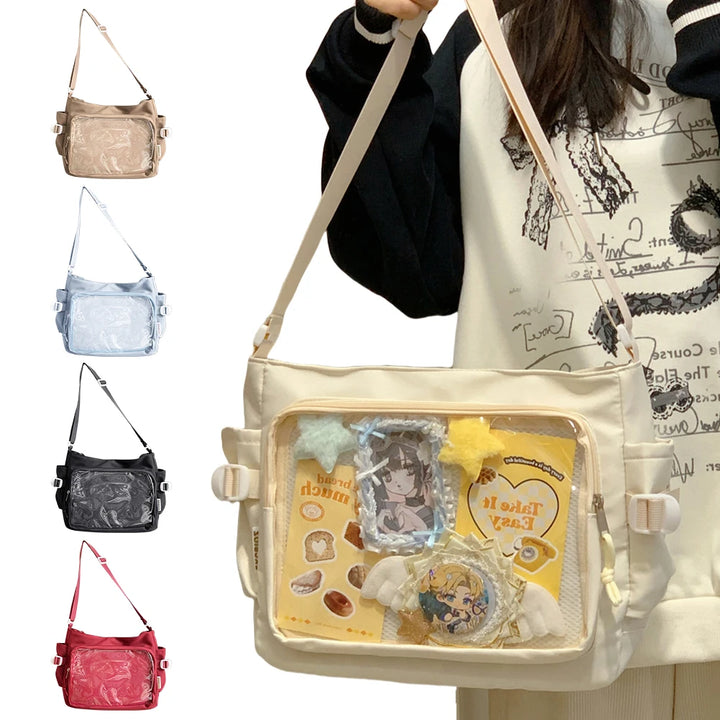 Women Ita Bag Cartoon Book Bag with Clear Window Teenagers School Bag Adjustable Strap Stylish Crossbody Bag Trendy Outdoor Bag