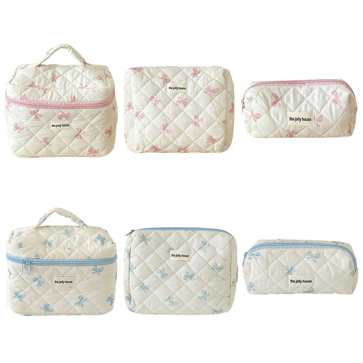 Cute Bow Toiletry Bag with Zipper Makeup Organizer Storage Bag Cotton Quilted Cosmetic Organizer Case for Women and Girls