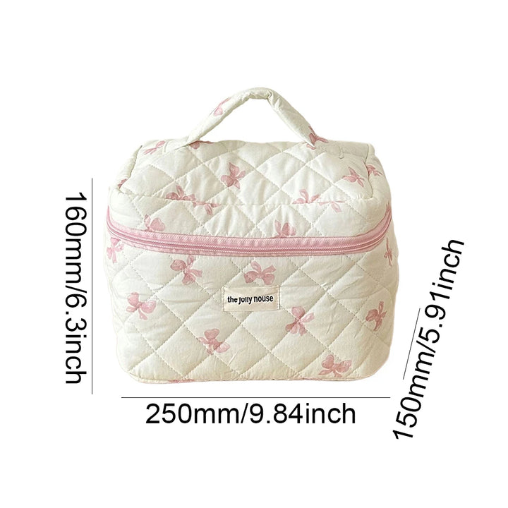 Cute Bow Toiletry Bag with Zipper Makeup Organizer Storage Bag Cotton Quilted Cosmetic Organizer Case for Women and Girls