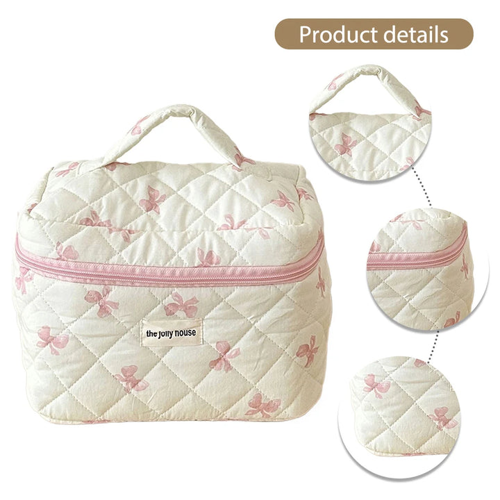 Cute Bow Toiletry Bag with Zipper Makeup Organizer Storage Bag Cotton Quilted Cosmetic Organizer Case for Women and Girls