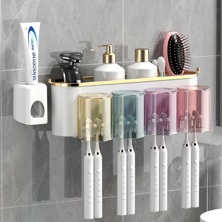 Toothbrush Holder With Squeezer Perforation-free Bathroom Shelf Mouthwash Cup Toothbrush Holder