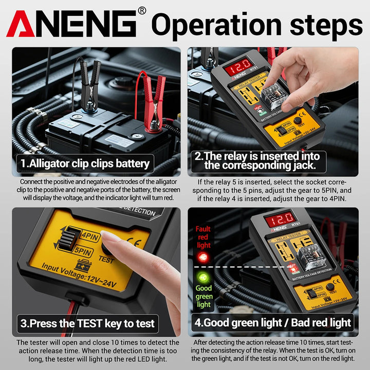 ANENG 11-25V Relay Detector RT01 Digital Universal 4/5 Pins Car Battery Vehicle Detection Digital Display Voltage Battery Tester
