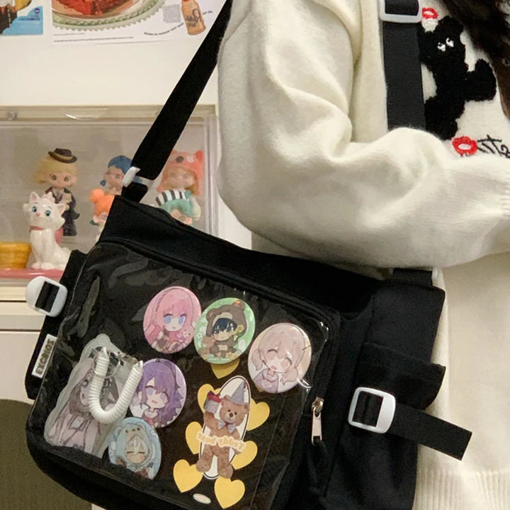 Women Ita Bag Cartoon Book Bag with Clear Window Teenagers School Bag Adjustable Strap Stylish Crossbody Bag Trendy Outdoor Bag