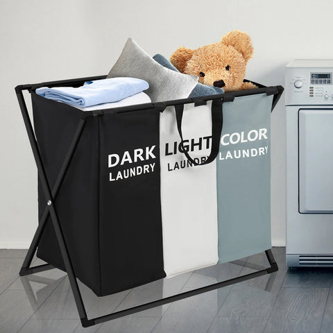 3 Sections Divided Laundry Basket Large Laundry Hamper Foldable Washing Bin Dirty Cloth Storage Bag Home Storage