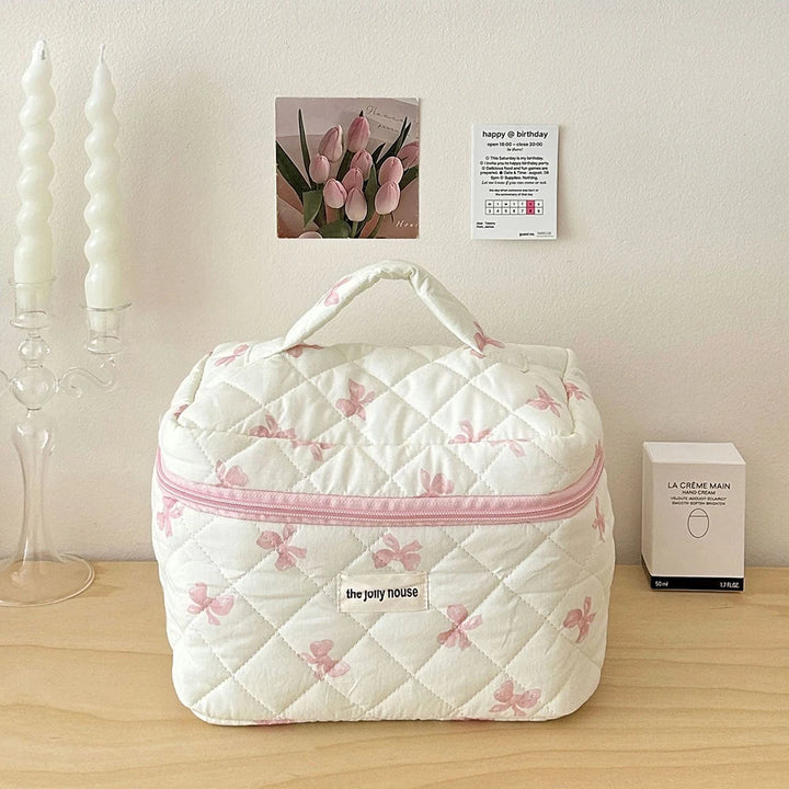 Cute Bow Toiletry Bag with Zipper Makeup Organizer Storage Bag Cotton Quilted Cosmetic Organizer Case for Women and Girls