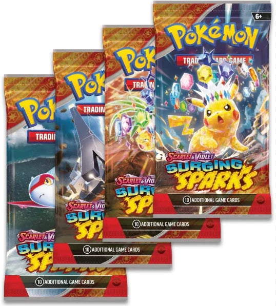 Surging Sparks English booster pack — artwork reference, one pack per purchase